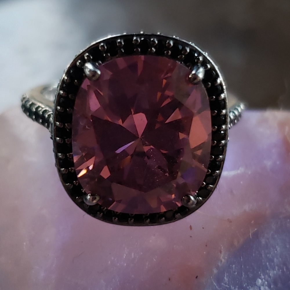 Sterling Silver!  Pink c.z. and Black Spinel Ring.